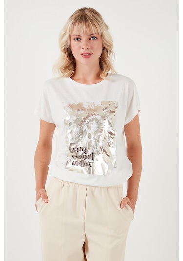 Lela Baskılı Bisiklet Yaka Regular Fit Bayan T Shirt 6671001 Ekru