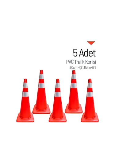 5'li Pvc Trafik Konisi Seti 90 Cm Çift Reflektifli -3730