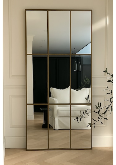 Modern Eskitme Metal Çerçeveli Dikdörtgen Ayna - 80x180 Cm Gold