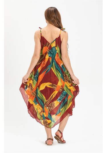 Askılı Vual Afrodit Midi Boy Elbise Bordo 6151