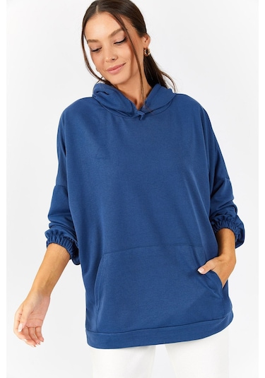 Armonika Kadın Koyu Mavi Kapüşonlu Cepli Sweatshirt Arm-21k024027