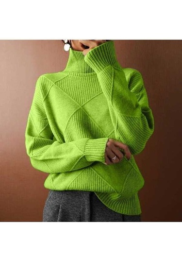 Tongxida Kadın Büyük Beden Yüksek Yaka Bol Mizaçlı Seyahat Örme Düz Renk Moda Kazak Çimen Yeşili Çimen Yeşili