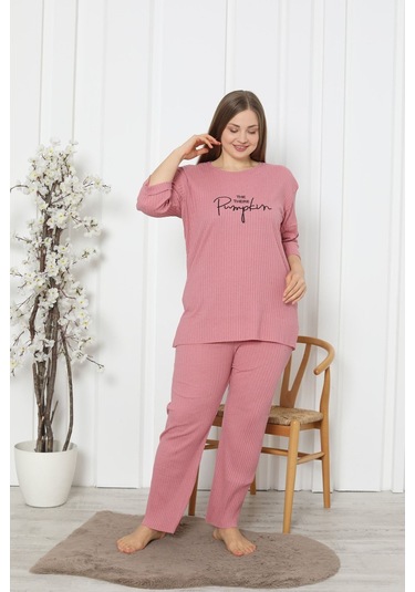 Fames Pijama Fitilli Kaşkorse Pamuklu Ispanyol Paça Yeni Sezon Büyük Beden Ev Giyim Pudra