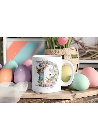 D Harfi Çiçekli Kupa Bardak - Soft Renk Çiçek Ve Kelebek Desenli Zarif Kahve Kupası - Bohem Beyaz