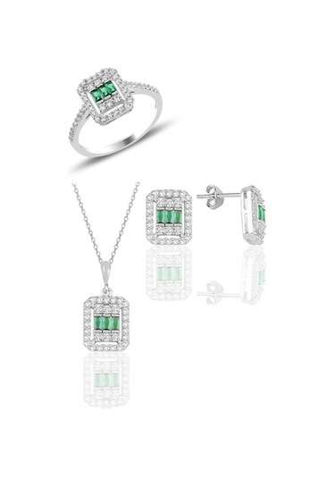 Gümüş Beyaz Altın Rodyumlu Baget Kesim Kök Zümrüt Taşlı Çizgili Ü