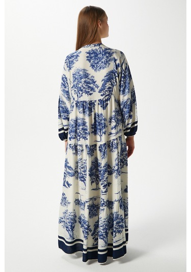 Modest Kadın Carena %100 Viskon Mavi Maksi Boy Yazlık Elbise Mavilacivertkrem Çok Renkli