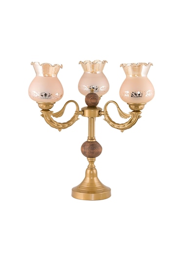 Üçlü Şamdan Masa Lambası Abajur Eskitme Bal Rengi Camlı Eskitme