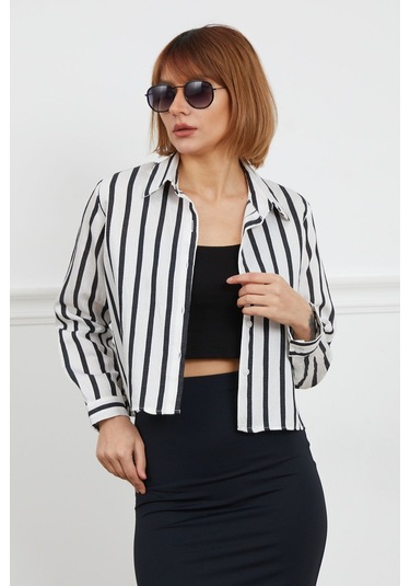 Dparis Çizgili Crop Gömlek