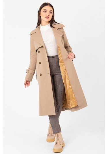 Pastelastore %100 Pamuk Gabardin Uzun 110cm Astarlı Kemerli Kadın Trençkot 1111 Yeni Bej