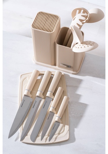 Acar Cooper 12 Parça Standlı Kesme Tahtası Servis Ve Bıçak Seti Krem