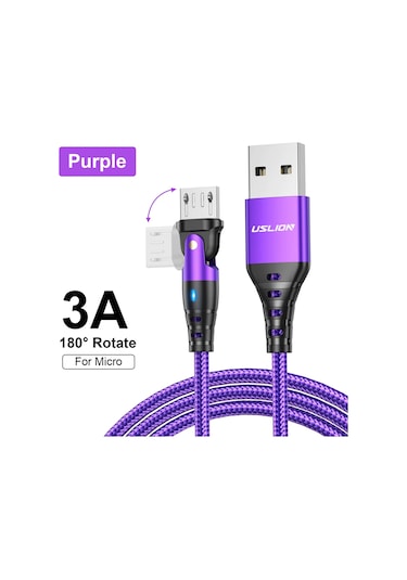 Uslıon 180 Döndür 3a Mikro Usb Şarj Kablosu - Samsung Uyumlu/xiaomi Android Telefonlar İçin Hızlı Şarj Ve Veri Aktarımaçık0.75 M