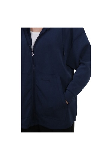 Kadın Modal Kumaş Yumuşak Dokulu Fermuarlı Rahat Kalıp Lacivert Kapüşonlu Ceket Hırka Lacivert