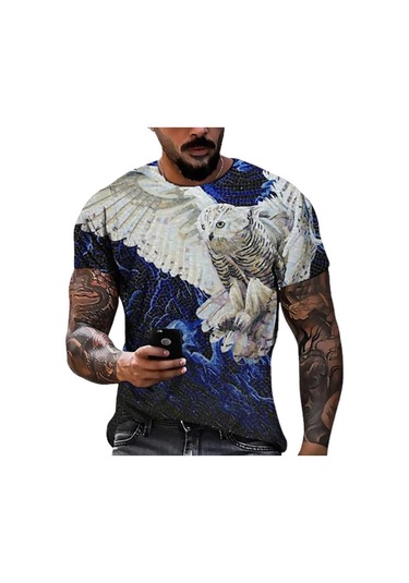 Mavi Yeni Yaz Erkek Moda T-shirt Kişilik Uçan Kartallar Baskılı Erkek T-shirt Üst Mavi