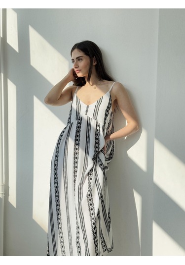 Retrobird Tasarım June Askılı Yırtmaçlı Elbise Kadın Siyah - Beyaz-13908 Siyah - Beyaz