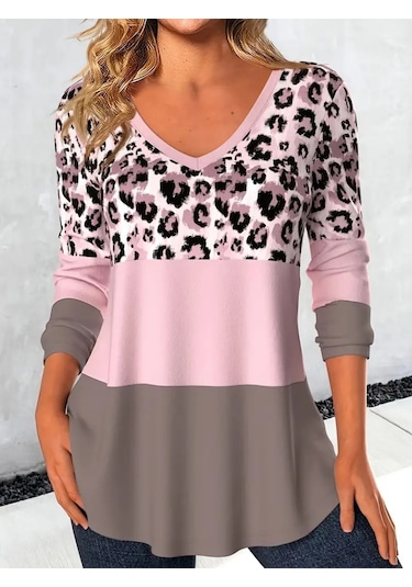 Soonaksesuar Kadın Uzun Kollu V Yakalı Leopar Baskılı Şardonlu Dalgıç Bluz Pembe