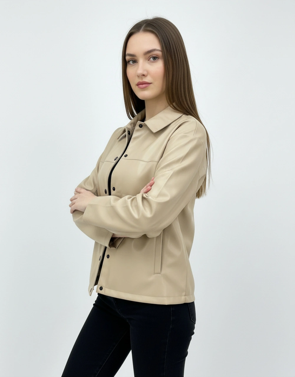 Kadın Çıtçıt Düğmeli - Suni Deri - Ceket -günlük Kullanım - Blazer Gömlek Yaka - Çift Cepli Koyu Bej