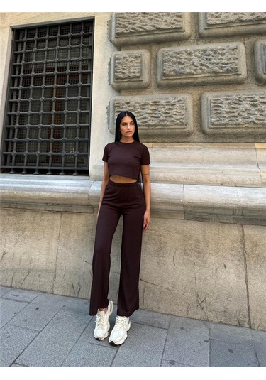 Kahve Modal Elastan Bisiklet Yaka Takım Kahve