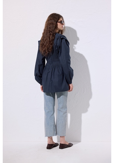 Beli Pile Detaylı Uzun Kol Bluz Lacivert Lacivert