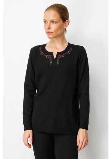 Desen Triko Kadın Sıfır Yaka Yakası Çiçek Nakış İşlemeli Bluz 25094 Siyah Siyah