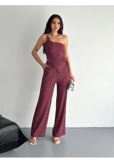Asimetrik Crop Pantalon İkili Takım - Gül Kurusu Çok Renkli