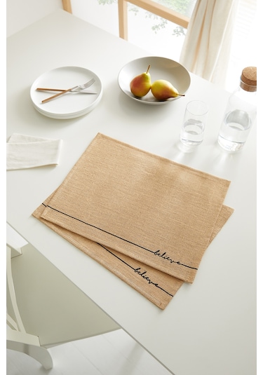 OceanHomeTextile Jüt Believe Baskılı Supla Amerikan Servisi 2 Adet 45 x 35 CM Bej