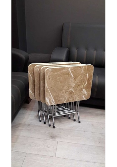 Harmony Katlanabilir Kahve Mermer Zigon 4'lü Sehpa Takım Paslanmaz Gri Metal Ayaklı Kahve