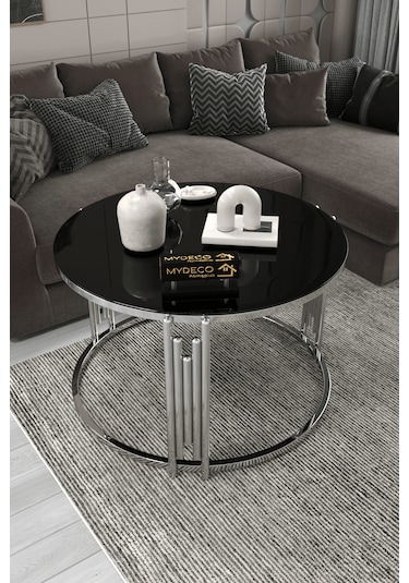 Piyano Tekli Orta Sehpa Gümüş Ayak Siyah Ayna