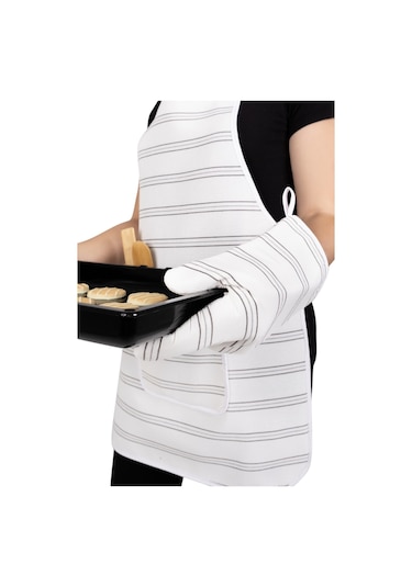 Morlay  İnce Çizgili ﻿﻿Mutfak Önlüğü Fırın Eldiveni ve Tutacak Takımı Mutfak Çeyiz Seti 4'lü Beyaz - Gri