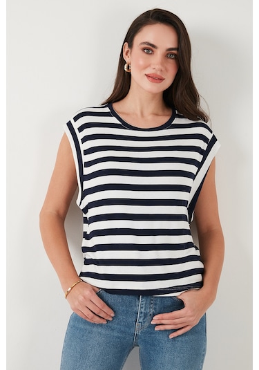 Lela Çizgili Oversize Fit Bisiklet Yaka Bayan T Shirt 5866103 Lacivert