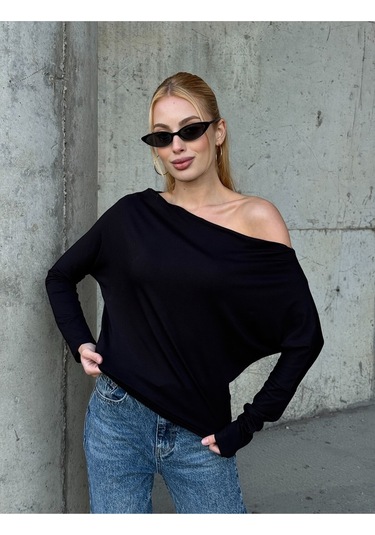 Kadın Kayık Yaka Full Esnek Asimetrik Kesim Comfort Spor Şık Tasarım Yumoş Bluz Siyah