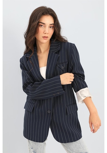 Blazer Ceket Çizgili Atlas Kumaş - Lacivert-lacivert Lacivert