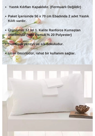 Beyaz Renkli Pamuklu Ranforce Kumaştan Yastık Kılıfı 2 Adet