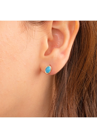 Altın Küpe - 14 Ayar Altın Firuze Turkuaz Taşlı Oval Küpe Sarı