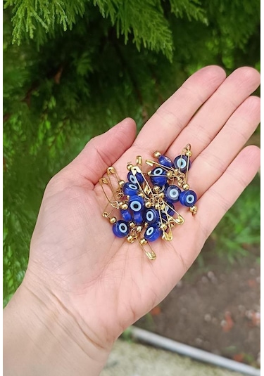 10 Adet 1 Cm Yassı Mavi Maşallahlık İğneli Cam Nazar Boncuğu