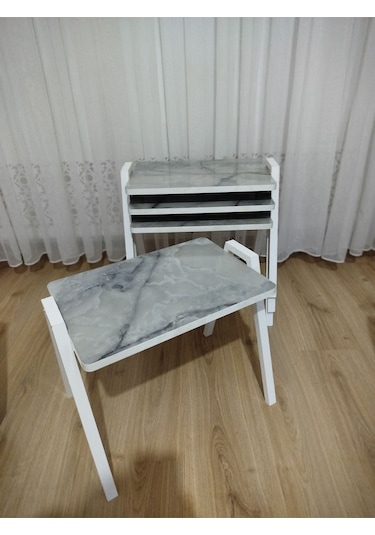Zigon Sehpa 4'lü Mermer Desenli Tepsi Model Buz Mermer Desen Beyaz Ayak Buz Gri Mermer Desenli