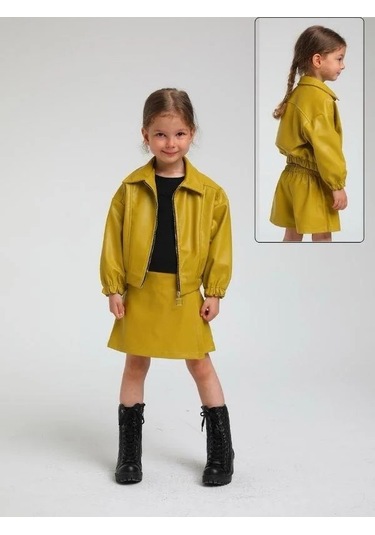 Kız Çocuk Yandan Cepli Beli Kolları Lastikli Bomber Ceket-14754 Yeşil