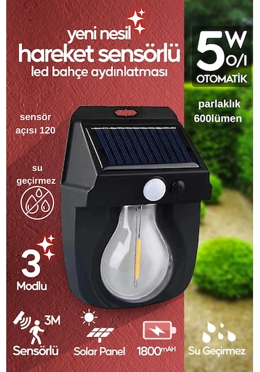 Güneş Enerjili Dekor Balkon Bahçe Aydınlatması Ampul Şeklinde Şık Led Loş Işık Siyah
