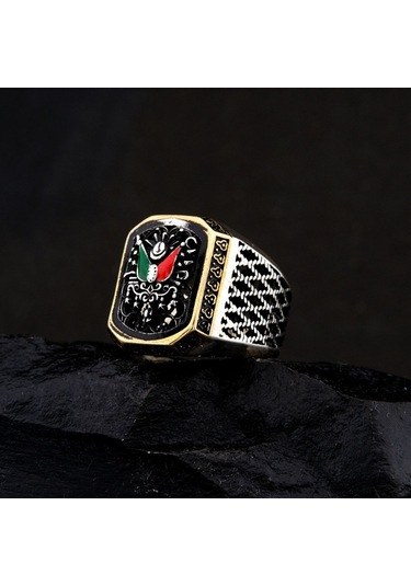 925 Ayar Gümüş Mineli Osmanlı Devlet Armalı Erkek Yüzük Çok Renkli