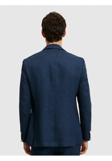 Cacharel Lacivert Slim Fit %100 Keten Mikro Desen Mono Yaka Ceket