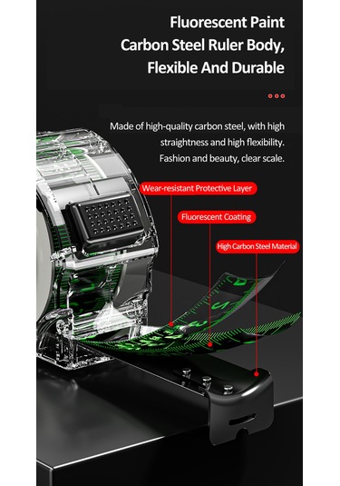 Singree "7,5 Metre Floresan Şeritli Yüksek Hassasiyetli Şeffaf Şerit Metre - Dayanıklı Metal Aks"