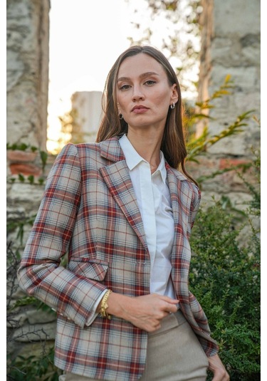 Kadın Ekose Desenli Blazer Ceket Frn6107 Kahverengi