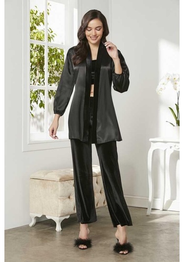 Pierre Cardin 2050 Dantelli Kadife Saten 3'lü Croplu Pijama Takımı 001