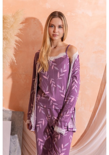 Sabahlıklı Dantel Detaylı Pegasus Kadın Pijama Takımı-çeyizlik Takım- Geniş Beden Aralığı Lila
