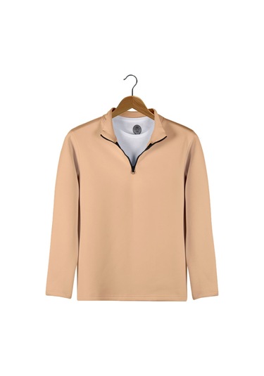Erkek Krem Yarım Fermuarlı Basic Düz Sweatshirt Krem