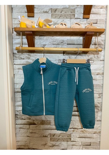 Laciel Paris Yelekli Çocuk Takım Kapitone Kumaş Unısex Yeşil