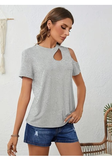 Kadın Kısa Kollu Tek Omuzu Açık Damla Detaylı Viskon Bluz Gri