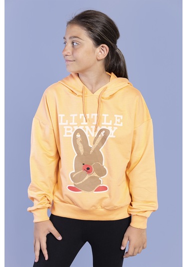 Toontoy Kız Çocuk Tavşan Baskılı Kapüşonlu Sweatshirt Turuncu