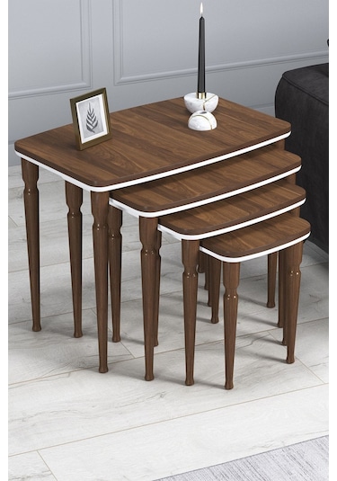 Imaj Mdf Ve Lake Boya, Ceviz-beyaz 4lü Zigon Sehpa Takımı, Ceviz Gürgen Ayaklar Sehpalar Ceviz-beyaz Ayaklar Ceviz