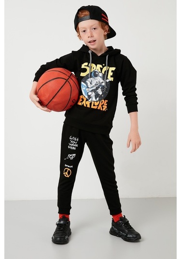 Lela Baskılı Kapüşonlu Cepli % 100 Pamuk Çocuk Unisex Çocuk Takım 5922017 Siyah