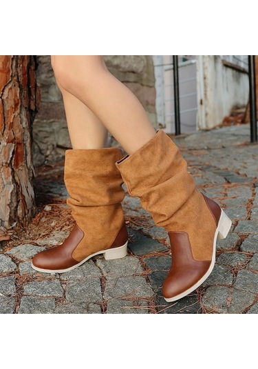 Jolin Taba Cilt Süet Detaylı Kadın Çizme Taba